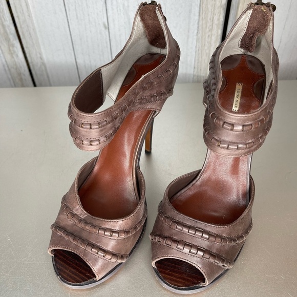 Leon Max Braided Leather Peep Toe Heels Distressed Brown Size 9 - Picture 2 of 5